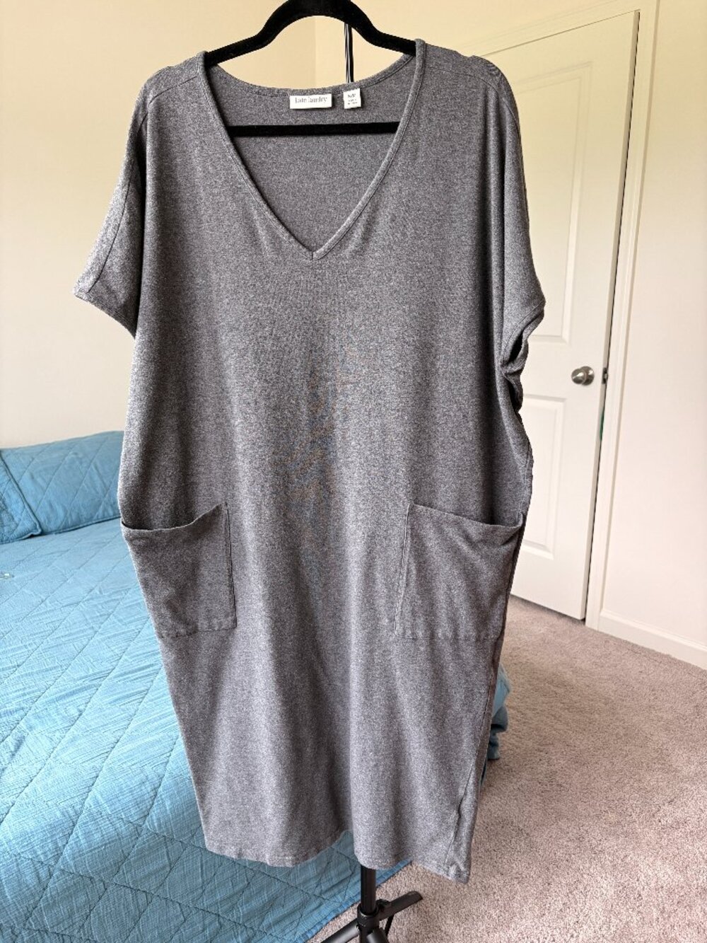 Kate Landry Grey Deep V Neck Dolman Sleeve Pockets Dress S/M